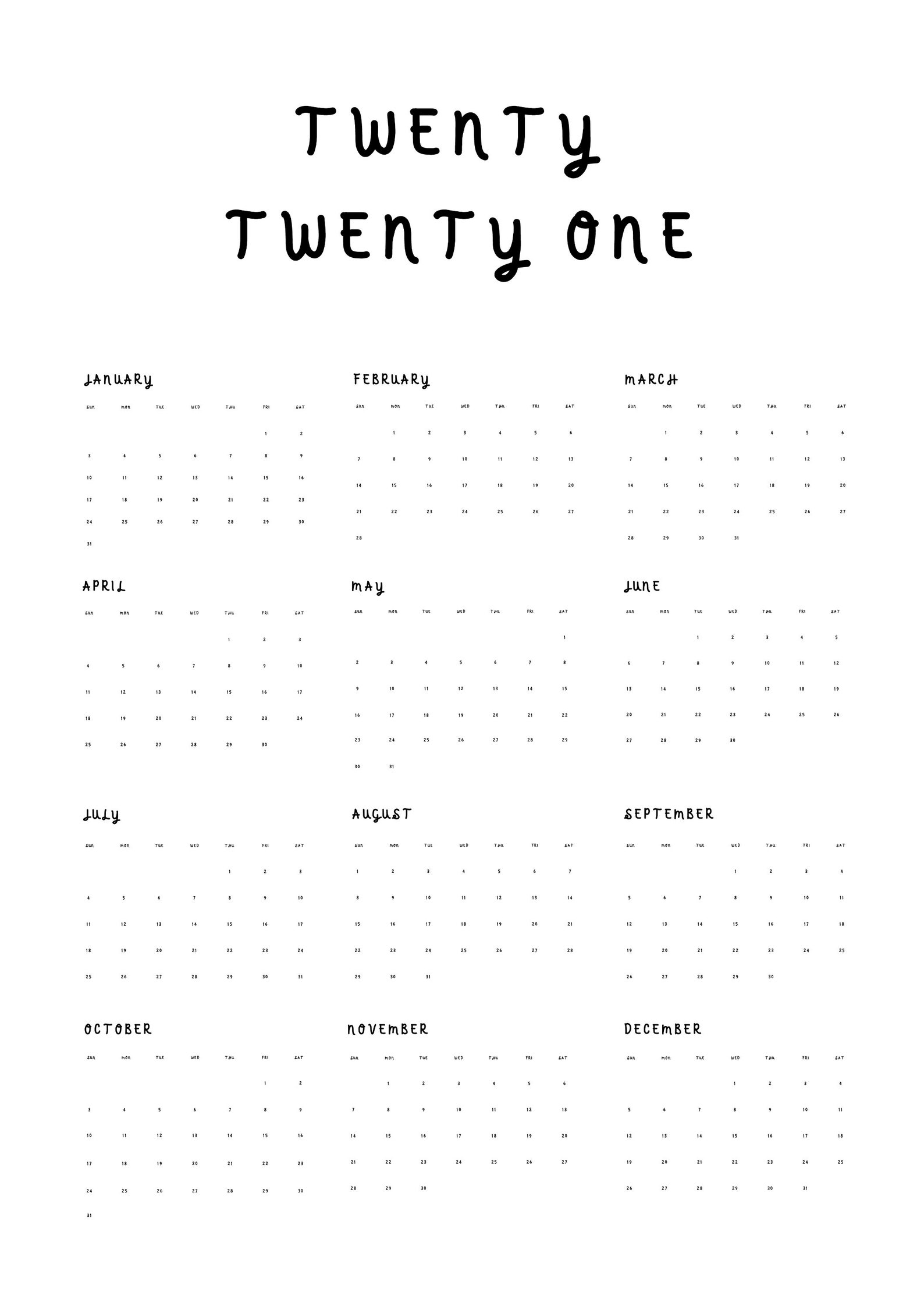 Printable Twenty Twenty One Calendar Minimalist Etsy
