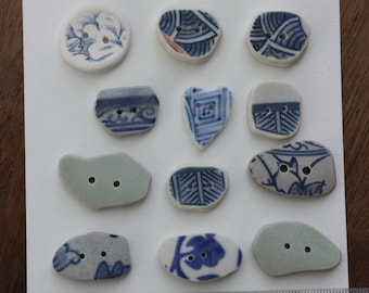 Set of 12 Mixed Random Shapes, Sizes, Material Tumbled Sea Pottery Buttons for Clothing, Jacket, Coat or Pillows. OOAK #RB1