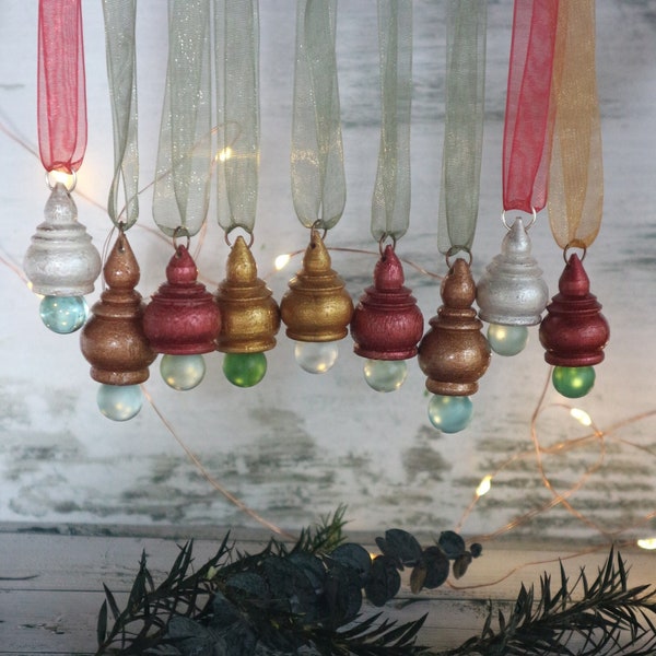 9 Tumbled Sea Glass Marbles and Teak Wood Finial Ornaments. Christmas or anytime.