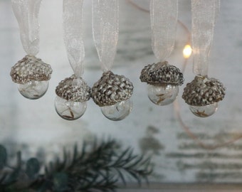 5 Elegant Acorn Cap Glass Ball Ornaments w/ Real Dandelion. Organza Ribbon. Make A Wish