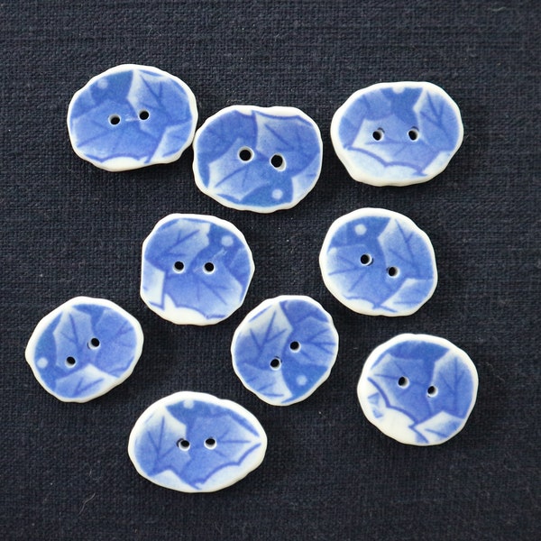 Set of 9 Blue & White Leaf Pattern Tumbled Sea Pottery Porcelain Buttons for Clothing, Coat or Pillows. OOAK #spb8