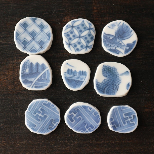 9 pcs Special Indigo & White Asian Design Tumbled Porcelain Beach Sea Pottery Pieces for Pendants, Jewelry, Ornaments #spn7