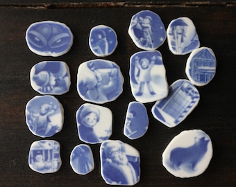16 pcs of Special Blue and White Beach Sea Pottery for Pendants, Charms. Porcelain for Jewelry, Christmas, Ornaments. OOAK #spn10