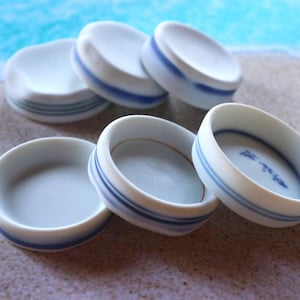 Pode incluir: Um conjunto de pequenos pratos de cerâmica branca com listras azuis. Os pratos são redondos com um interior raso e uma base plana. Alguns têm um desenho azul no interior. O fundo é uma imagem desfocada de praia e água.