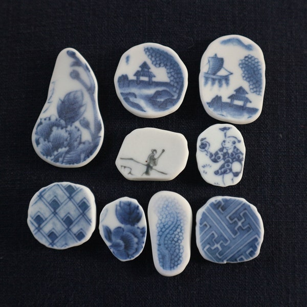 9 pcs Special Indigo Blue & White Asian Tumbled Porcelain Beach Sea Pottery Pieces for Pendants, Jewelry, Ornaments #spn9