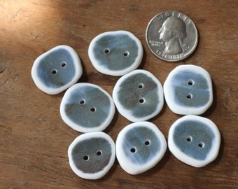Set of 8 Blue & White Chunky Thick Tumbled Sea Pottery Porcelain Buttons. Quirky Buttons for Clothing or Pillows. OOAK #spb7
