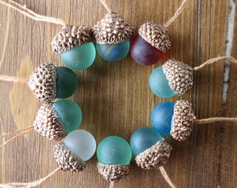 10 Tumbled Mix Colors Sea Glass Marble Acorn Cap Ornaments w/ Bronze Brushed Caps. Christmas Fall Seasonal