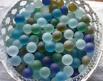 25 pcs Mixed Sizes 12mm-16.5mm Mixed Blues, Greens, Gold Colors Sea Glass Balls, Frosted Glass Marbles , Glass Beads, Tumbled