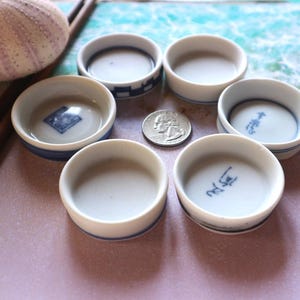 Puede incluir: Seis cuencos pequeños de cerámica blanca con detalles azules y caracteres japoneses. Un cuenco tiene un diseño de diamante azul. Una moneda está al lado de los cuencos. Un erizo de mar y palillos están en el fondo. Los cuencos son para salsas.