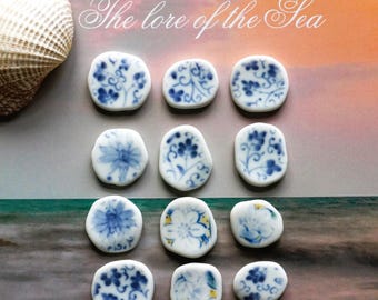 12 pcs Soft Blue & White Tumbled Boho Paisley Flower Beach Sea Pottery Pcs for Pendants, Mosaics, Charms, Jewelry, Ornaments #spn9