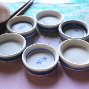 以下が含まれることがあります： 青い縁取りのある、白の小さな陶器の小皿が6つ。各皿の中央には小さな青い模様があります。背景には箸とウニの殻があります。
