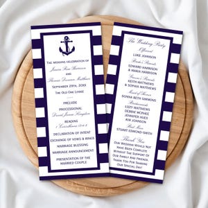 May include: Two vertical wedding program cards featuring a navy blue and white horizontal striped border. The top of the left card displays a navy blue anchor icon. The text details the wedding ceremony order and the wedding party members.