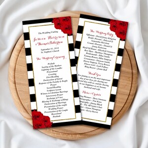 May include: Two wedding program cards featuring a black and white horizontal striped border, a gold glitter frame, and red rose illustrations. The text includes The Wedding Uniting, Jessica Harrison & Thomas Patterson, and The Wedding Party list.