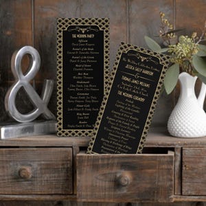 May include: Two rectangular wedding program cards featuring a black background with a gold art deco fan pattern border. The text lists The Wedding Party and The Wedding Ceremony details for Jessica Sally Harrison and Thomas James Williams.