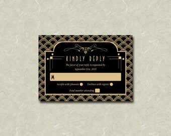 3.5” x 5” Black & Gold 1920's Art Deco Gatsby Wedding RSVP Card Digital File