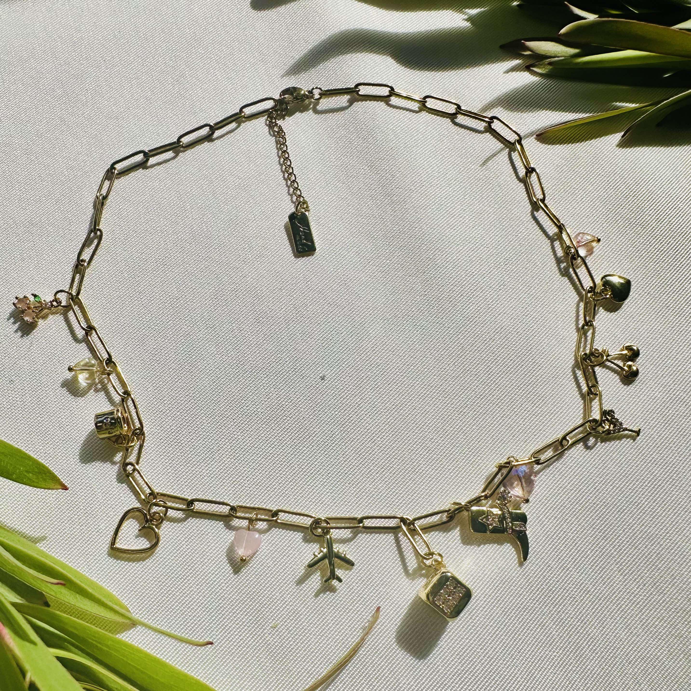 ママ Pink Vegas Charm Necklace: 18k Gold Plated Paperclip Chain and