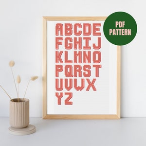 Alfabeto de letras maiúsculas rosa - padrão de ponto cruz (formato digital - PDF)