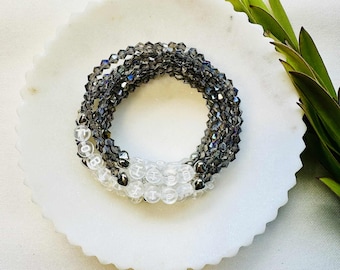 Friendship Bracelet: Silver, White & Black Glass Beads, Elastic, Charms | Customizable | Tortured Poets Inspired