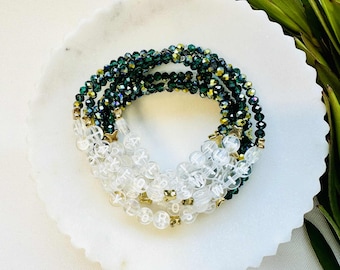 Friendship Bracelet: Green Glass Beads, White Gold Letters, Elastic, Charms | Customizable | Debut Album Inspired
