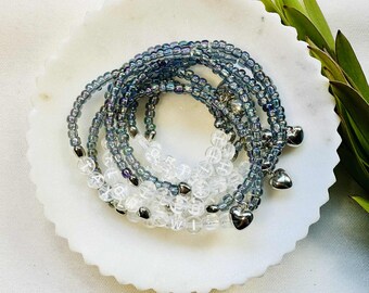 Friendship Bracelet: Silver, White & Black Glass Beads, Elastic, Charms | Customizable | Tortured Poets Inspired