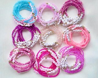 Lover | Eras Tour | Customisable Friendship Bracelets Pink, Gold, Blue and White Acrylic Letters Glass Beads Stretch Elastic | Personalised
