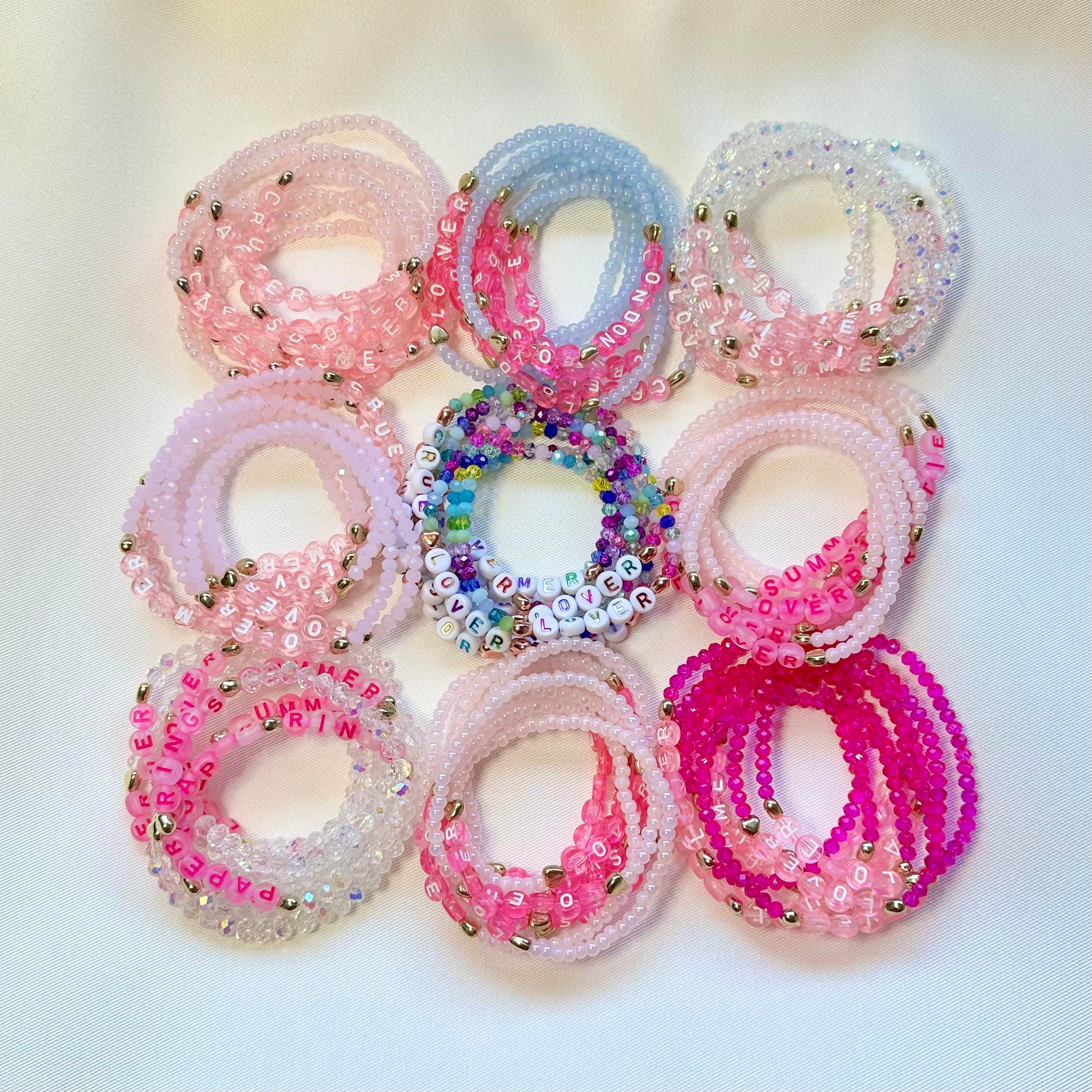 Lover | Eras Tour | Customisable Friendship Bracelets | All Pink and Gold | Acrylic Letters Crystal Glass Beads Stretch Elastic Personalised