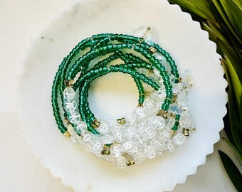 Friendship Bracelet: Green Glass Beads, White Gold Letters, Elastic, Charms | Customizable | Debut Album Inspired