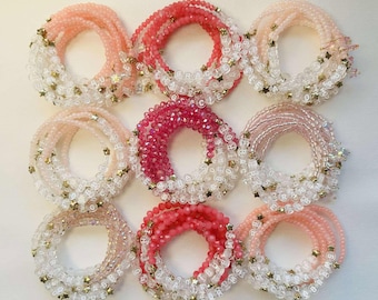 The Secret of Us Tour | Gracie Abrams | Customisable Friendship Bracelets | Coral Pink, Gold, and White | Star Charms Elastic Crystal Beads
