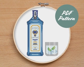 Bombay Sapphire Gin - counted cross stitch pattern alcohol home decor - Cross Stitch Pattern (Digital Format - PDF)