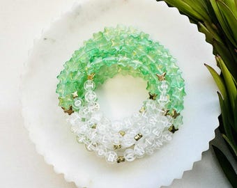 Friendship Bracelet: Green Glass Beads, White Gold Letters, Elastic, Charms | Customizable | Debut Album Inspired