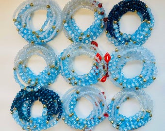 Short n&#39; Sweet | Sabrina Carpenter | Customisable Friendship Bracelets | Light Blue, White, Red with Gold and Charms | Crystal Beads