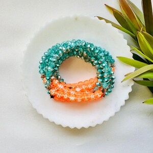 Friendship Bracelet: Orange, Mint Green, Rose Gold, Crystal, Charms, Elastic | Customizable | Showgirl Inspired