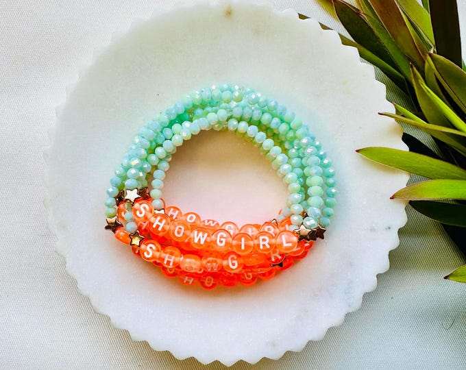 Friendship Bracelet: Teal, Orange, Mint Green, Charms, Elastic | Customizable | Showgirl Inspired