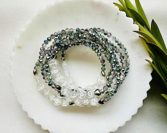 Friendship Bracelet: Silver, White & Black Glass Beads, Elastic, Charms | Customizable | Tortured Poets Inspired