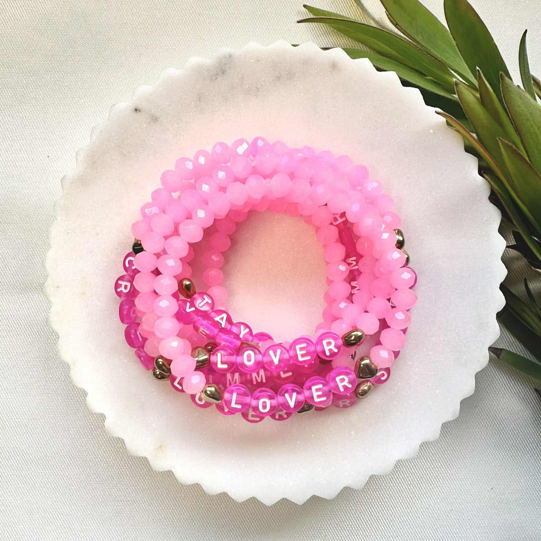 Friendship Bracelet: Pink Glass Beads, Gold Charms, Elastic