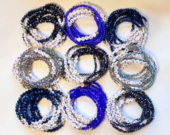 Midnights | Eras Tour | Customisable Friendship Bracelets | White, Gold, and Metallic Blue | Concert Stack | Stretch | Glass Crystal Beads