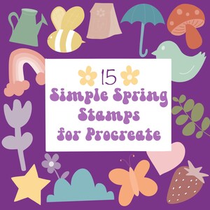 May include: A set of 15 simple spring themed stamps for Procreate. The stamps include a rainbow, a bee, a bird, a mushroom, a flower, a star, a butterfly, a heart, a strawberry, a watering can, a house, an umbrella, a leaf, and a cloud.