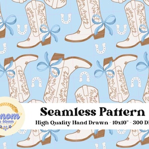 Coquette Coastal Cowgirl Boots Seamless Pattern: Bachelorette Design (PNG)
