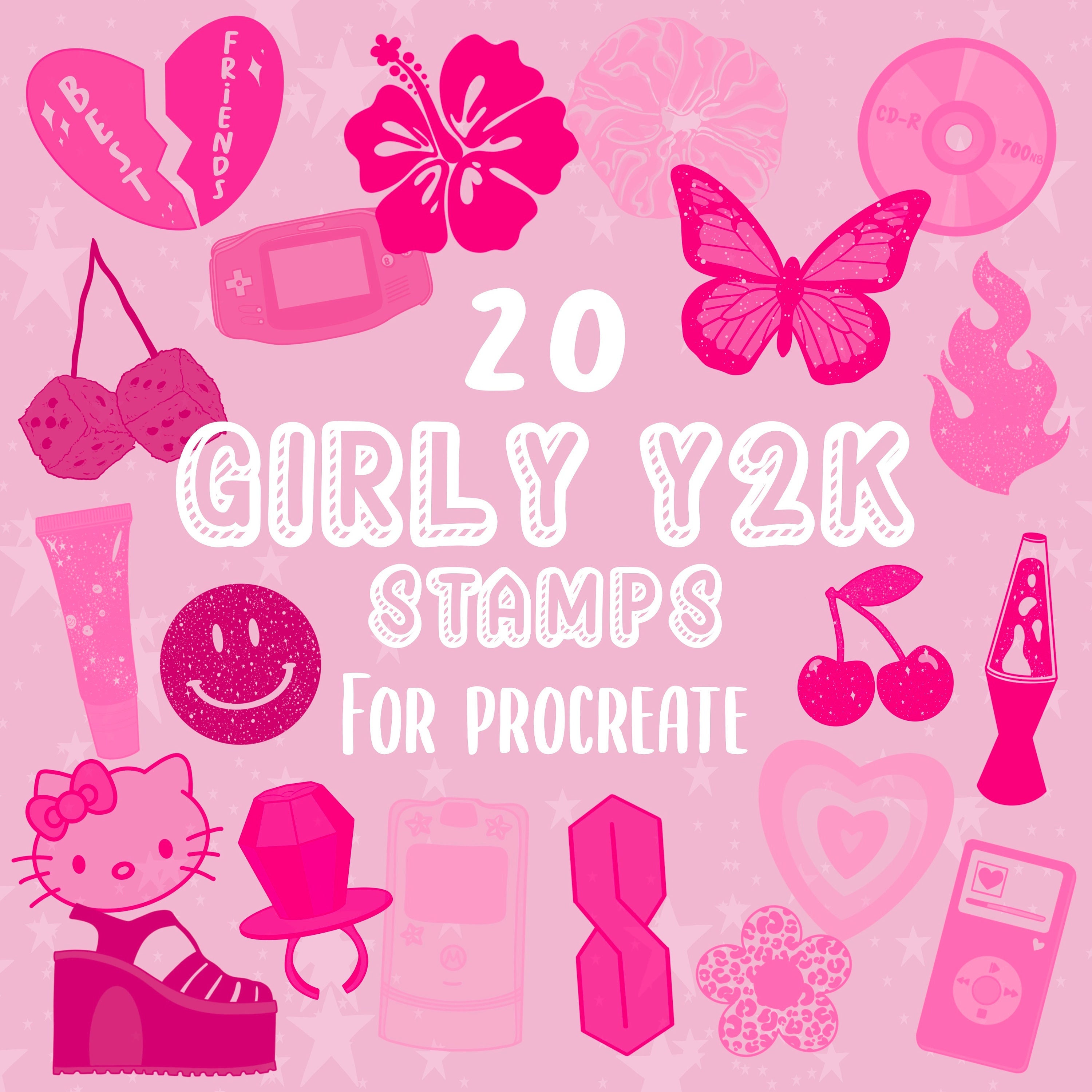 Y2K Procreate Stamps: Girly 2000s Hand Drawn Brush Pack (Digital Download)