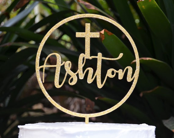 Circle Name Cake Topper Cross Baptism Christening Confirmation Custom Personalized Cake Topper