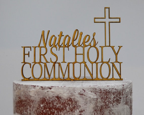 First Holy Communion Cross Baptism Christening Confirmation Custom Personalized Name Timber Wood Cake Topper