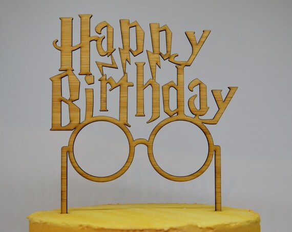 Happy Birthday Glasses with Scar Timber Wood Cake Topper