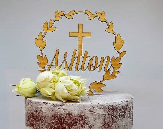 Wreath Name Cake Topper Cross Baptism Christening Confirmation Custom Personalized Timber Wood Cake Topper