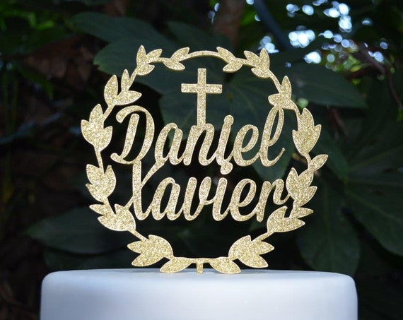 Wreath Two Names Cake Topper Cross Baptism Christening Confirmation Custom Personalized Cake Topper
