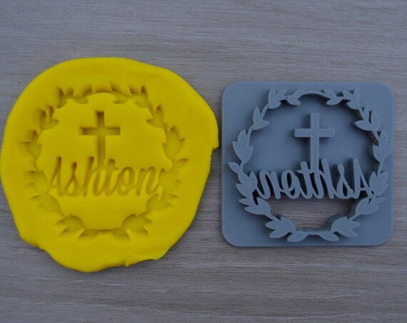 Wreath Name Cross Baptism Christening Confirmation Imprint Custom Personalized Cookie/Fondant/Soap/Embosser Stamp