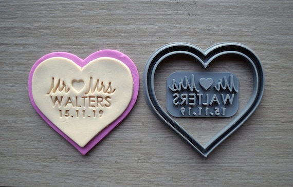 Heart V3 Wedding Shower Bridal Anniversary Engagement Valentine Party Name & Date Cookie/Fondant Cutter Set Custom Names