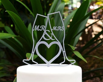 Mr & Mrs Wedding Cake Topper - Bride and Groom Wedding Cake Topper -Toasting Wine Glass Champagne Glasses