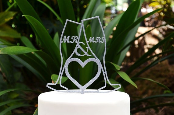 Mr & Mrs Wedding Cake Topper - Bride and Groom Wedding Cake Topper -Toasting Wine Glass Champagne Glasses