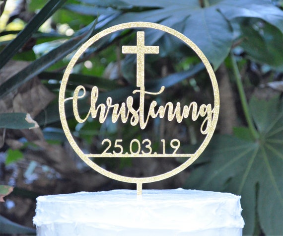 Circle Christening Date Cake Topper Cross Baptism Christening Confirmation Custom Personalized Cake Topper