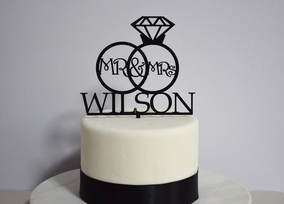 Mr & Mrs Wedding Custom Personalized Name Cake Topper - Bride and Groom Wedding Ring Cake Topper